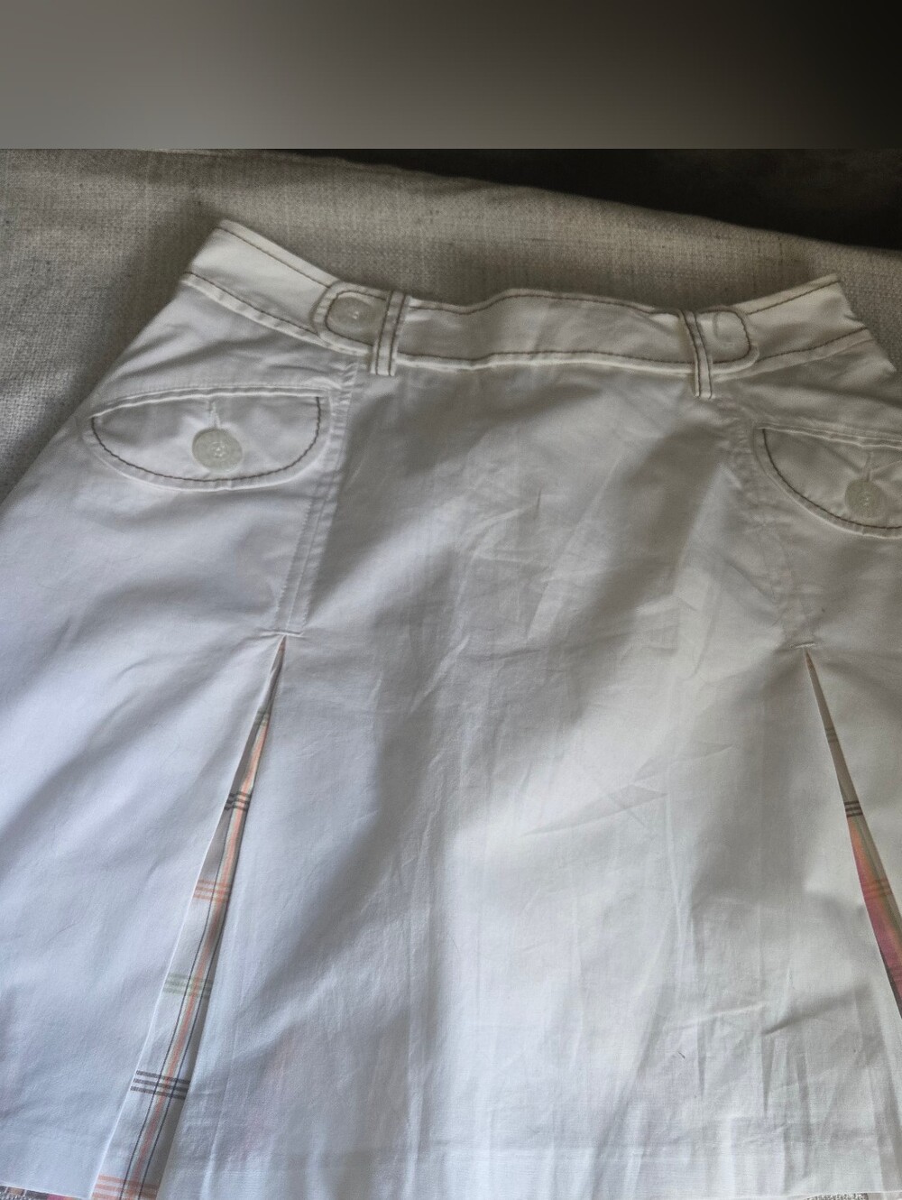 White Cotton Mini Skirt with Plaid Inset